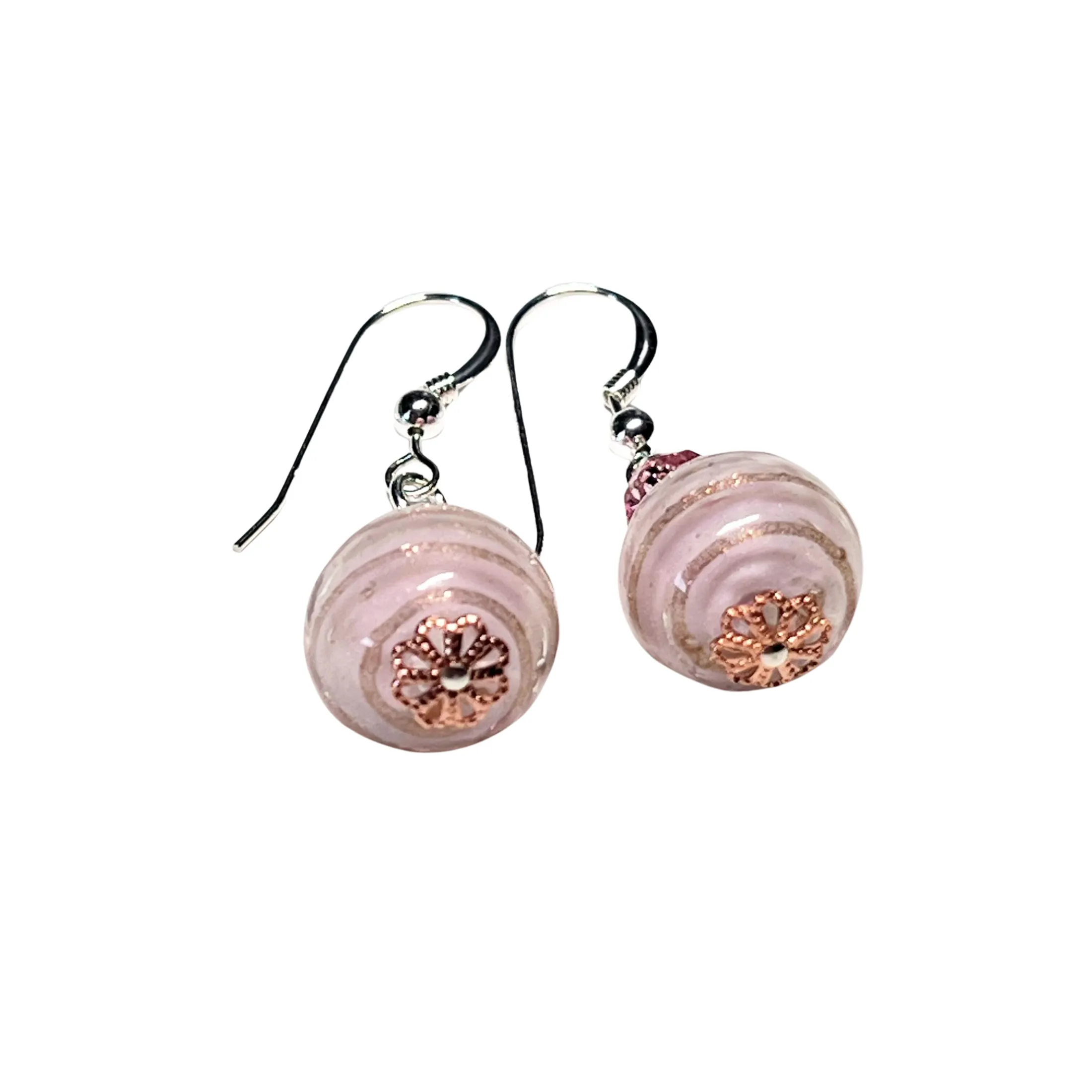 Murano Pale Pink Copper Ball Sterling Silver Earrings