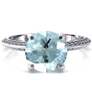 Nancy Round Aqua Blue Spinel 4 Prong 1/2 Eternity Diamond Knife Shank Accent Engagement Ring