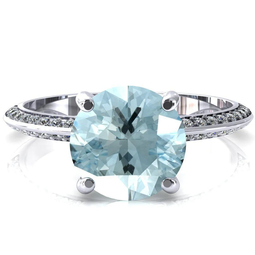 Nancy Round Aqua Blue Spinel 4 Prong 1/2 Eternity Diamond Knife Shank Accent Engagement Ring