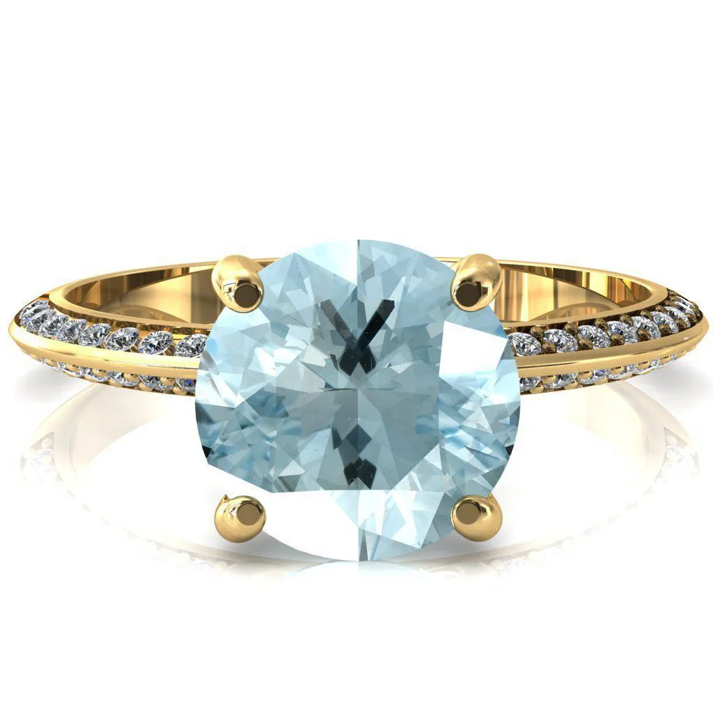 Nancy Round Aqua Blue Spinel 4 Prong 1/2 Eternity Diamond Knife Shank Accent Engagement Ring