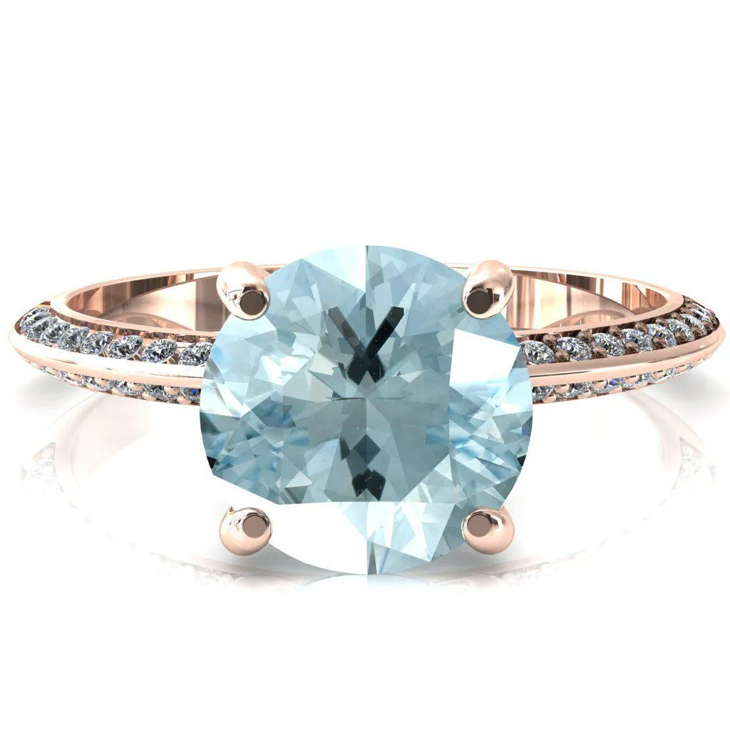 Nancy Round Aqua Blue Spinel 4 Prong 1/2 Eternity Diamond Knife Shank Accent Engagement Ring