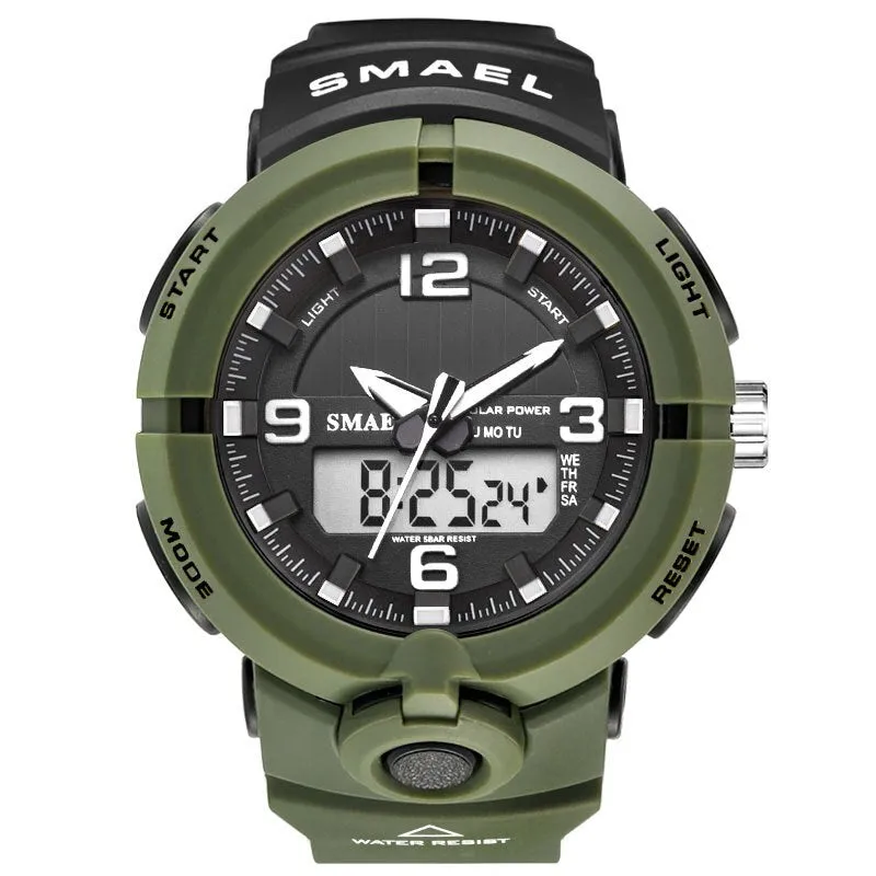 New 2022 SMAEL Brand Solar Energy Watch Digital Quartz Men Sports Watches Multifunctional Dual Time Outdoor Military Wristwatch