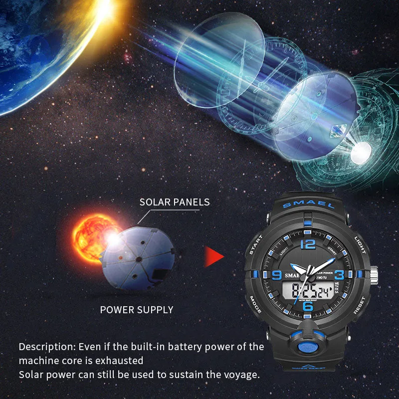 New 2022 SMAEL Brand Solar Energy Watch Digital Quartz Men Sports Watches Multifunctional Dual Time Outdoor Military Wristwatch