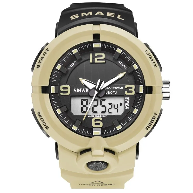 New 2022 SMAEL Brand Solar Energy Watch Digital Quartz Men Sports Watches Multifunctional Dual Time Outdoor Military Wristwatch