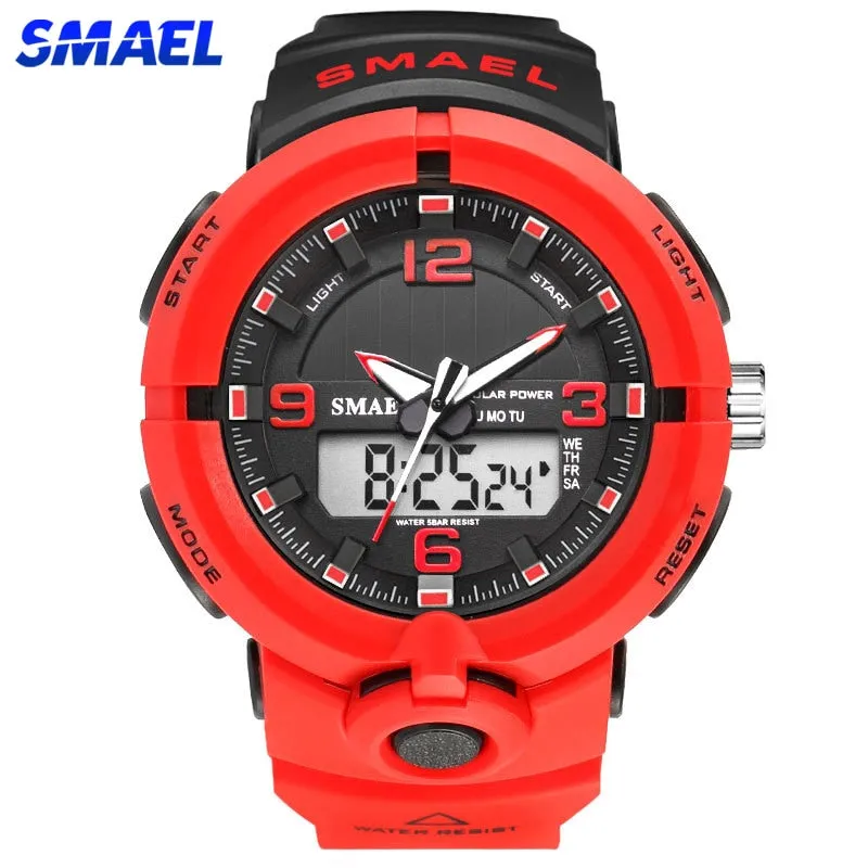 New 2022 SMAEL Brand Solar Energy Watch Digital Quartz Men Sports Watches Multifunctional Dual Time Outdoor Military Wristwatch