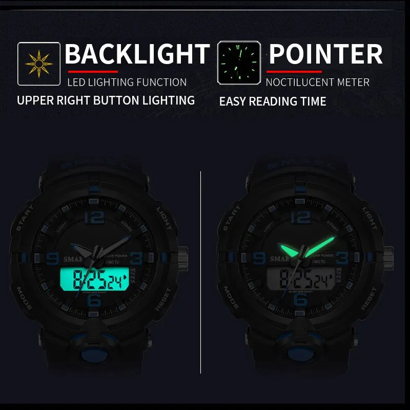 New 2022 SMAEL Brand Solar Energy Watch Digital Quartz Men Sports Watches Multifunctional Dual Time Outdoor Military Wristwatch