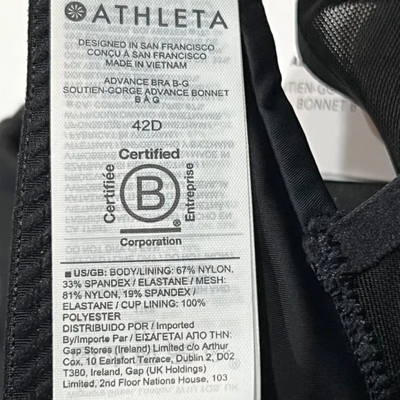 NWT ATHLETA Advance Bra 42D Black Adjustable Straps