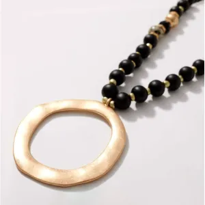 O Pendant Long Necklace with Black Beads