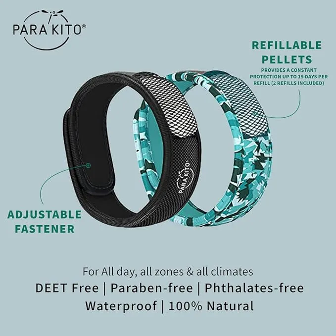 PARA'KITO Mosquito Repellent Bracelets   Refill Pellets Bundle, Mosquito Bracelets, Peppermint Oil, DEET Free Mosquito Repeller, Hiking Accessories, 2 Wristbands & 2 Refills (Black   Conceal)