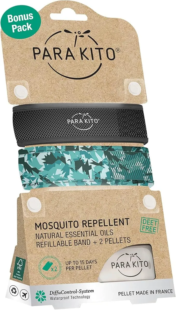 PARA'KITO Mosquito Repellent Bracelets   Refill Pellets Bundle, Mosquito Bracelets, Peppermint Oil, DEET Free Mosquito Repeller, Hiking Accessories, 2 Wristbands & 2 Refills (Black   Conceal)