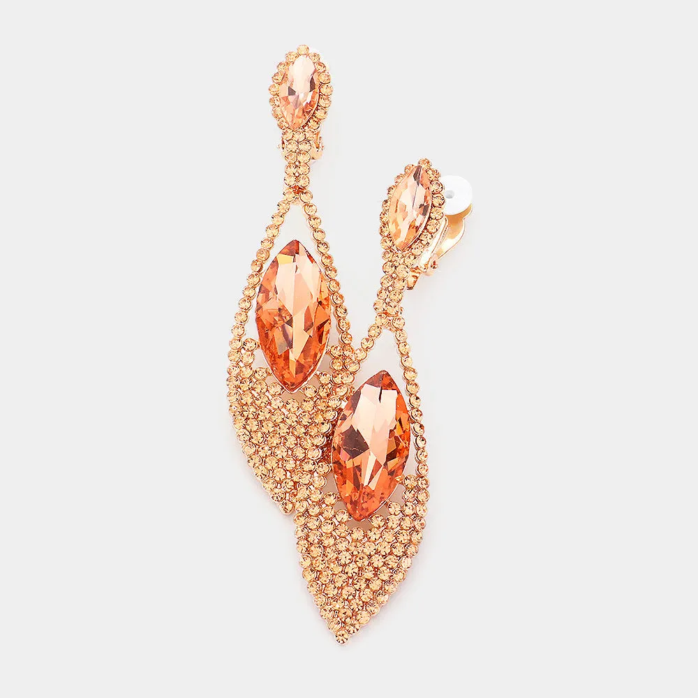 Peach Crystal Marquise Stone Pageant Clip On Earrings  | Prom Clip on Earrings | 541523