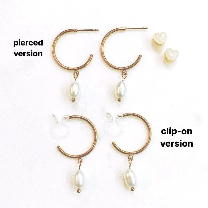 PEARL DANGLE SMALL HOOP CLIP-ON EARRINGS IN GOLD