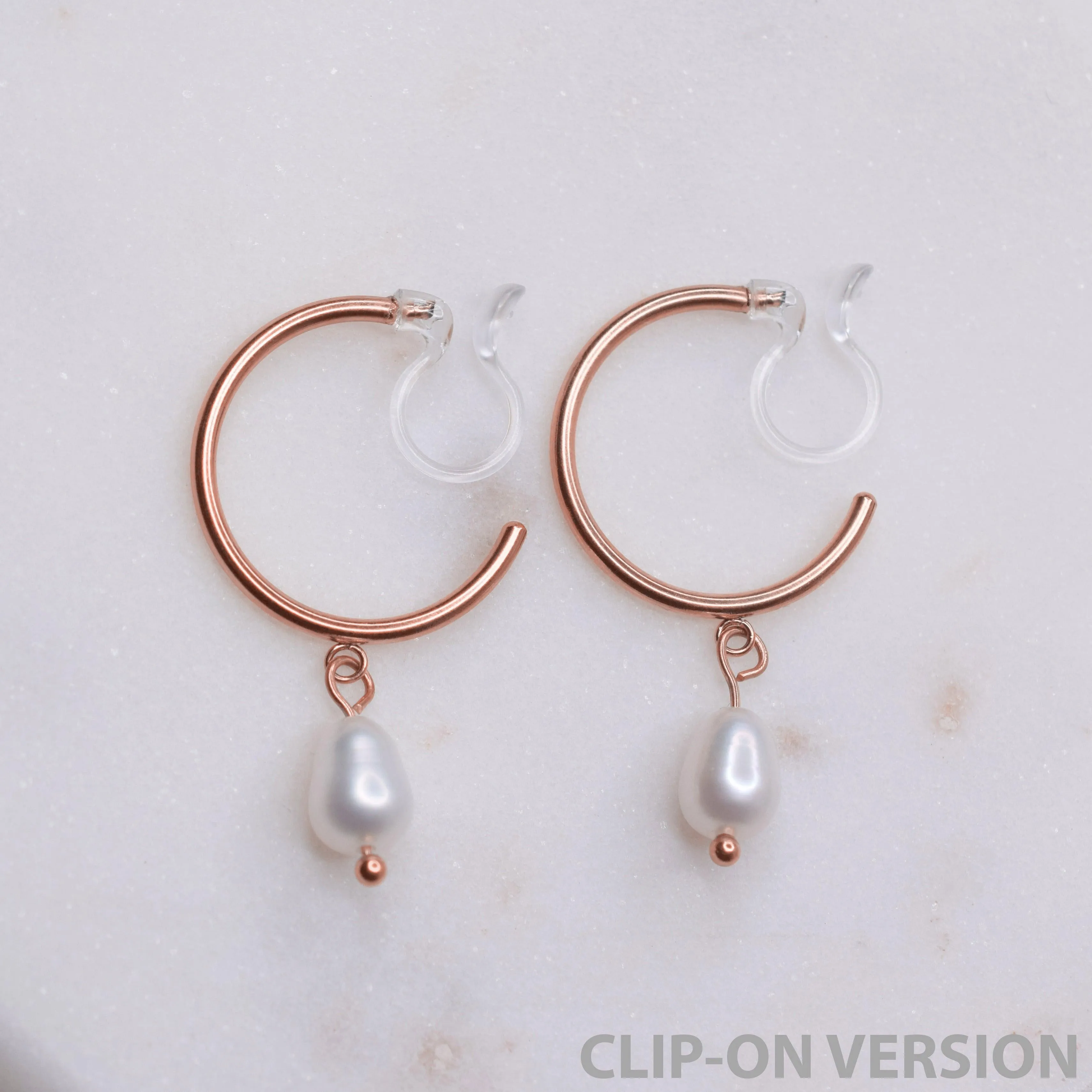 PEARL DANGLE SMALL HOOP CLIP-ON EARRINGS IN ROSE GOLD