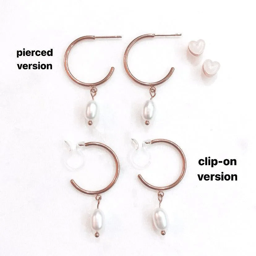 PEARL DANGLE SMALL HOOP CLIP-ON EARRINGS IN ROSE GOLD