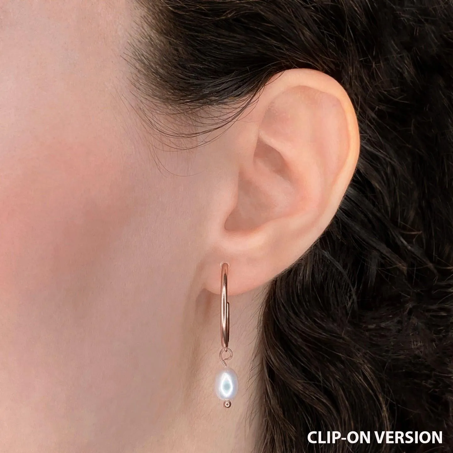 PEARL DANGLE SMALL HOOP CLIP-ON EARRINGS IN ROSE GOLD