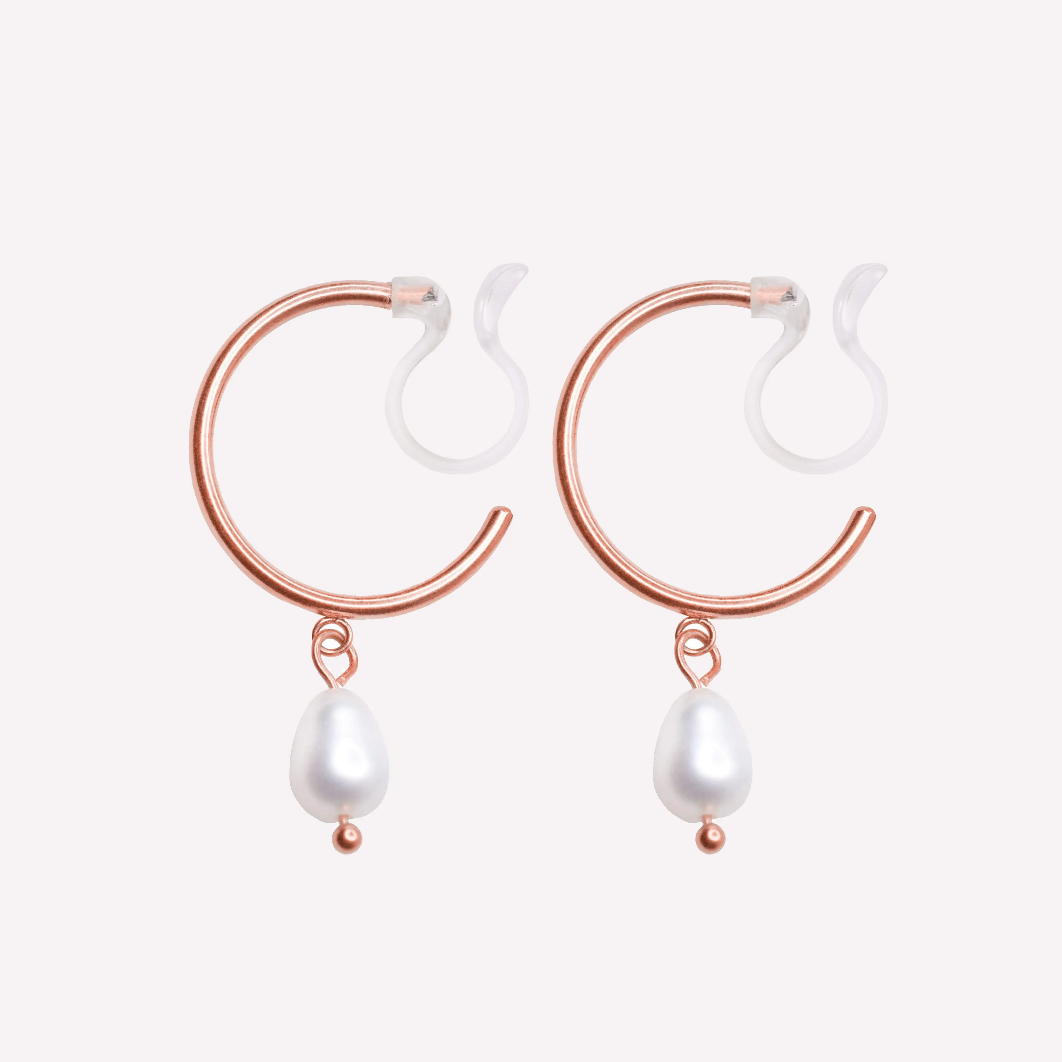 PEARL DANGLE SMALL HOOP CLIP-ON EARRINGS IN ROSE GOLD