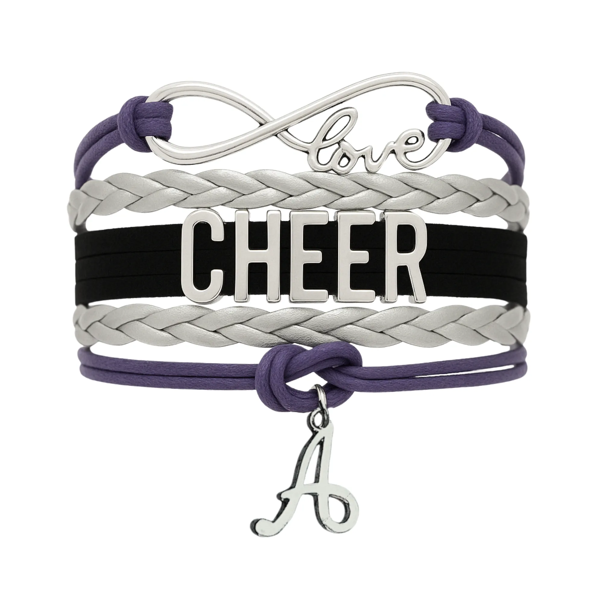 Personalized Cheer Infinity Charm Bracelet with Letter Charm - Pick Color