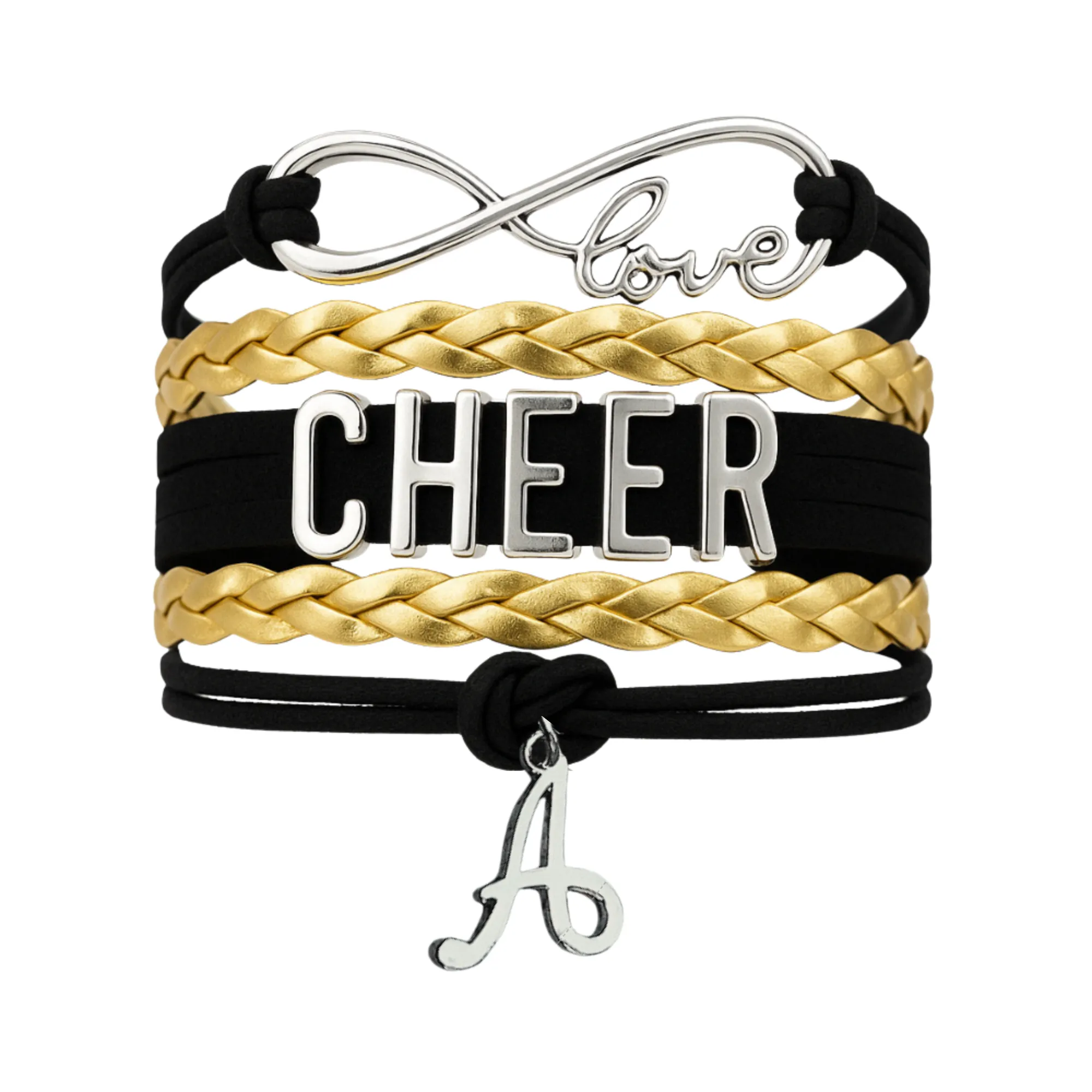 Personalized Cheer Infinity Charm Bracelet with Letter Charm - Pick Color