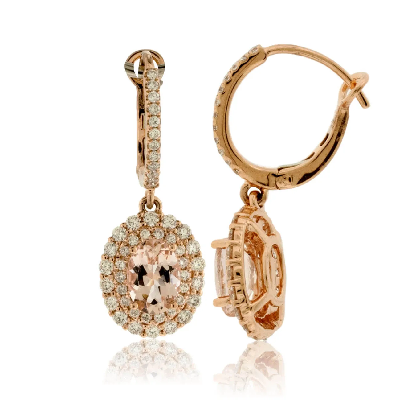 Pink Morganite and Milgrain Diamond Halo Drop Earrings