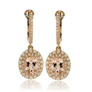 Pink Morganite and Milgrain Diamond Halo Drop Earrings