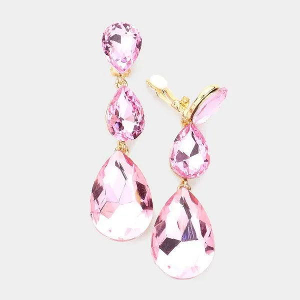 Pink Triple Crystal Rhinestone Clip-On Earrings