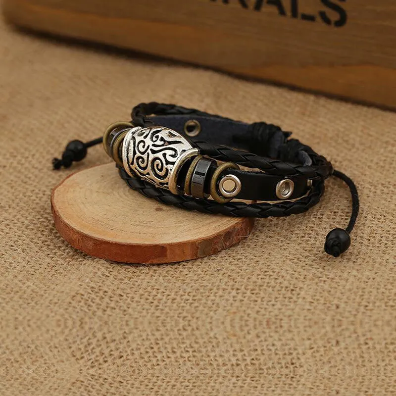 Punk Men's Braided Leather Chain Strap Cuff Bracelet Antique Silver Plated Tattoo Circle Bead Charm Bracelet Vintage Rope Bangle
