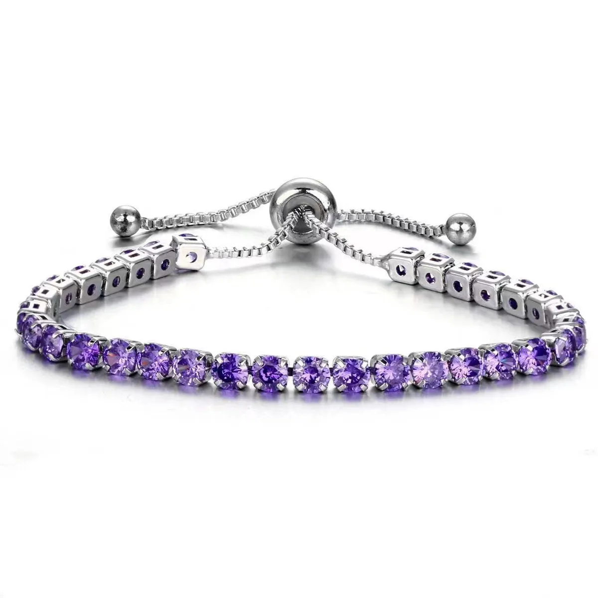 Purple Cubic Zirconia & Silver-Plated Adjustable Link Bracelet