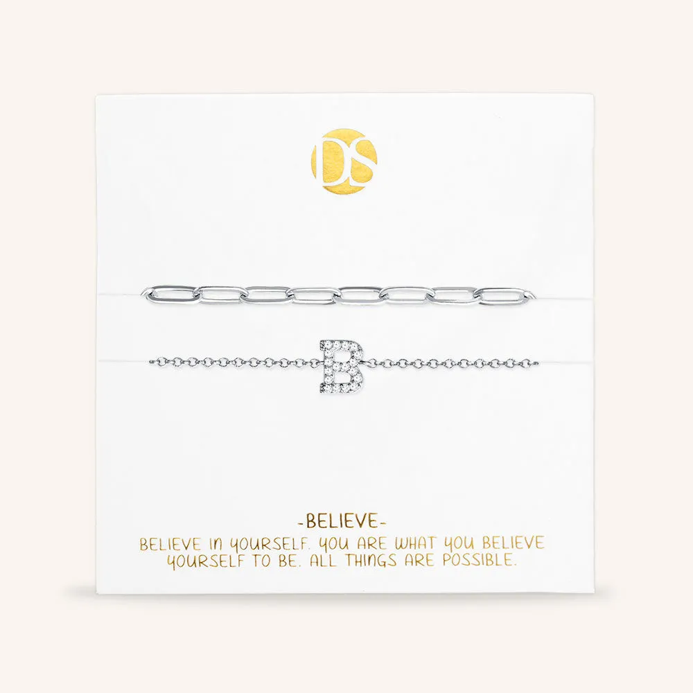 "My Own Sparkle" Set of Two Pave Initial & Clip Chain Layering Bracelets