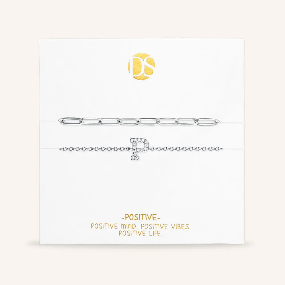 "My Own Sparkle" Set of Two Pave Initial & Clip Chain Layering Bracelets