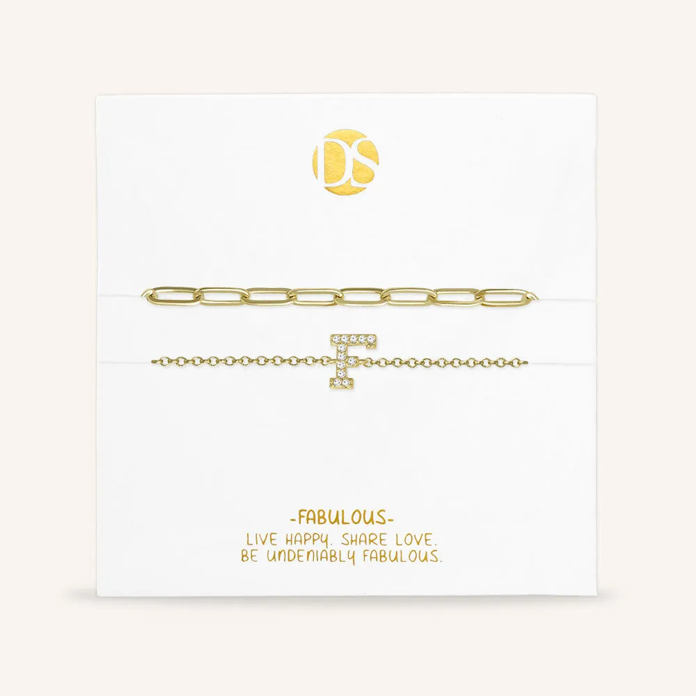 "My Own Sparkle" Set of Two Pave Initial & Clip Chain Layering Bracelets