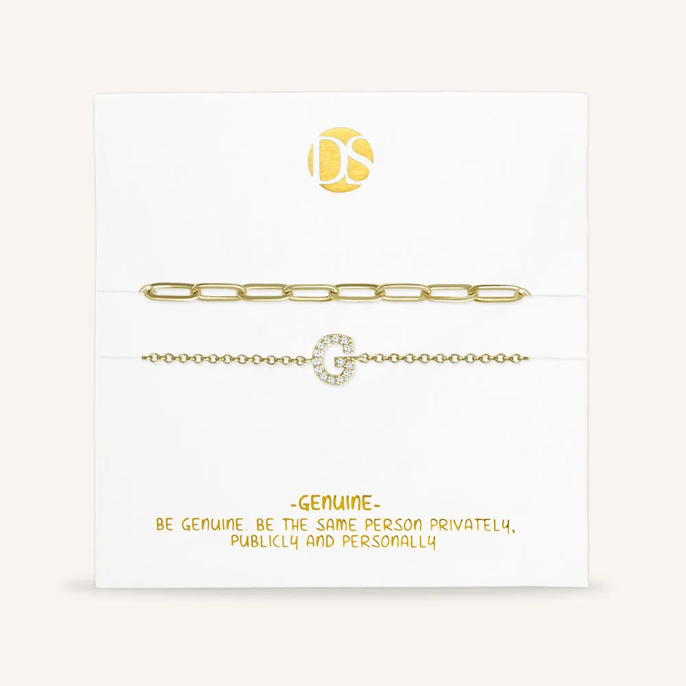 "My Own Sparkle" Set of Two Pave Initial & Clip Chain Layering Bracelets