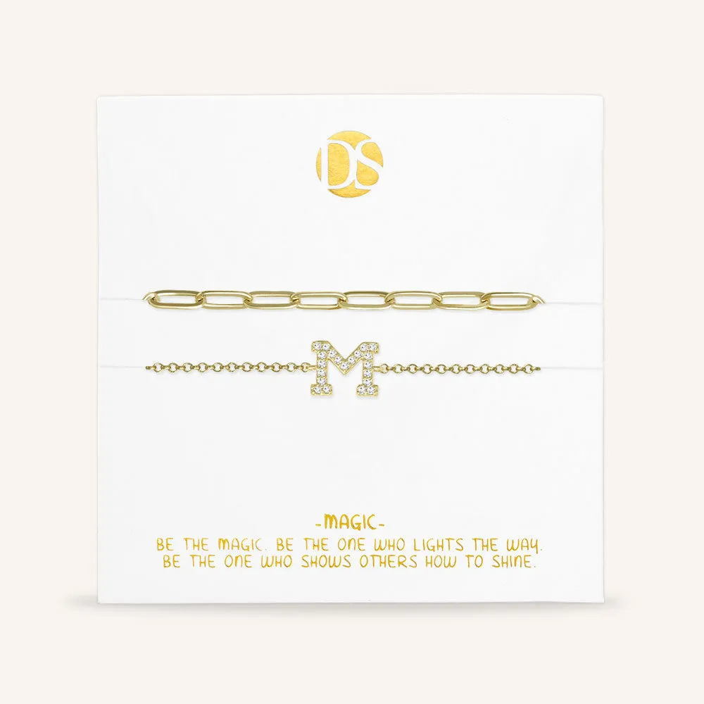 "My Own Sparkle" Set of Two Pave Initial & Clip Chain Layering Bracelets