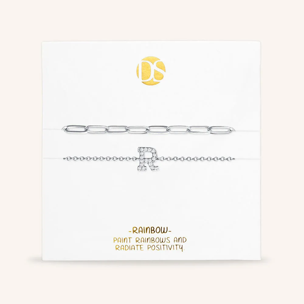 "My Own Sparkle" Set of Two Pave Initial & Clip Chain Layering Bracelets