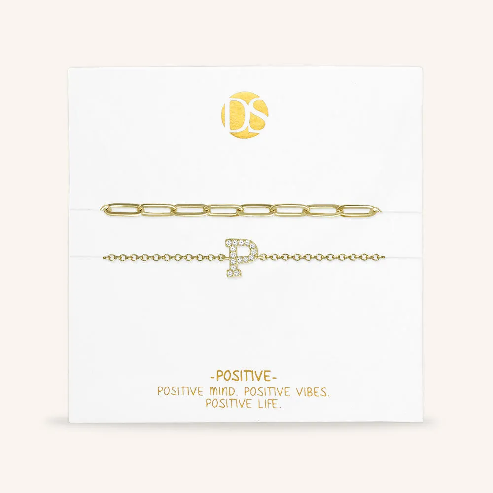 "My Own Sparkle" Set of Two Pave Initial & Clip Chain Layering Bracelets