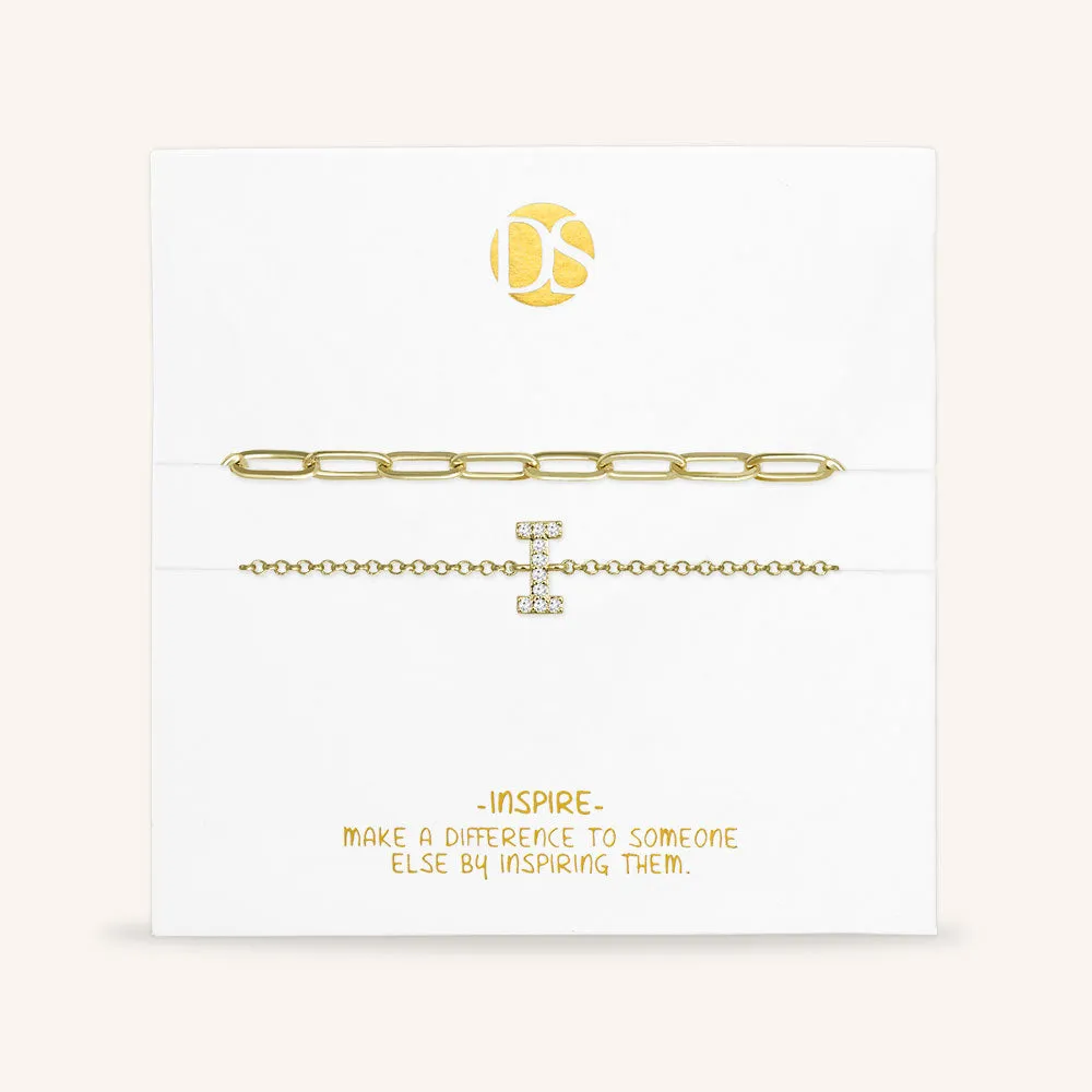 "My Own Sparkle" Set of Two Pave Initial & Clip Chain Layering Bracelets