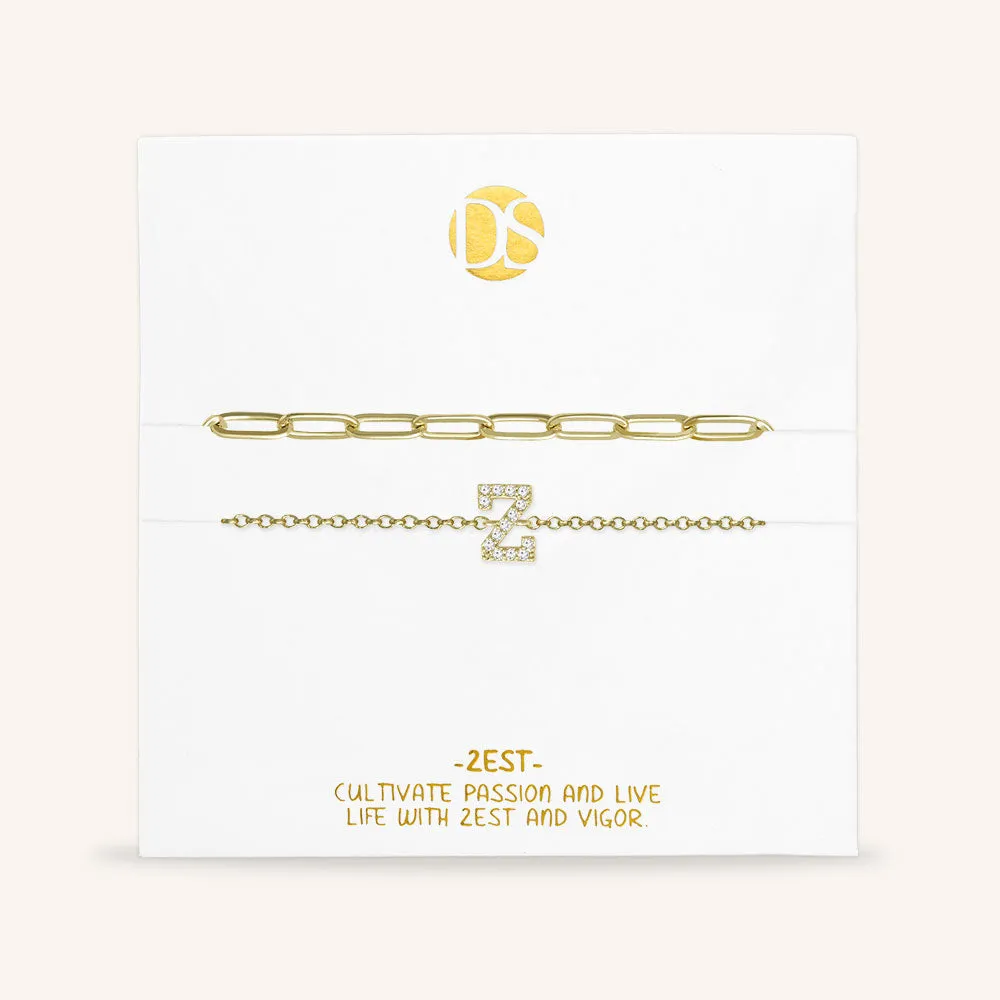 "My Own Sparkle" Set of Two Pave Initial & Clip Chain Layering Bracelets