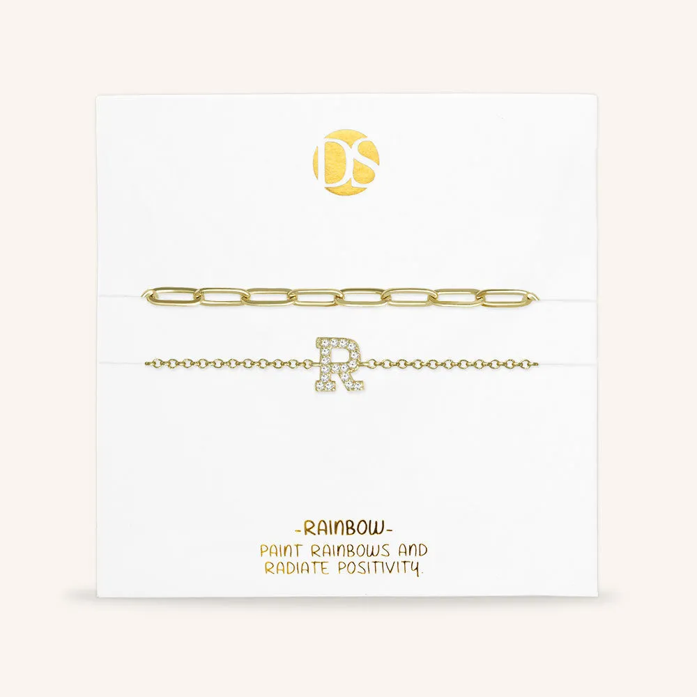 "My Own Sparkle" Set of Two Pave Initial & Clip Chain Layering Bracelets