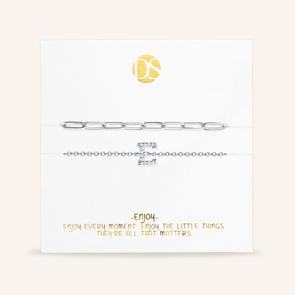 "My Own Sparkle" Set of Two Pave Initial & Clip Chain Layering Bracelets