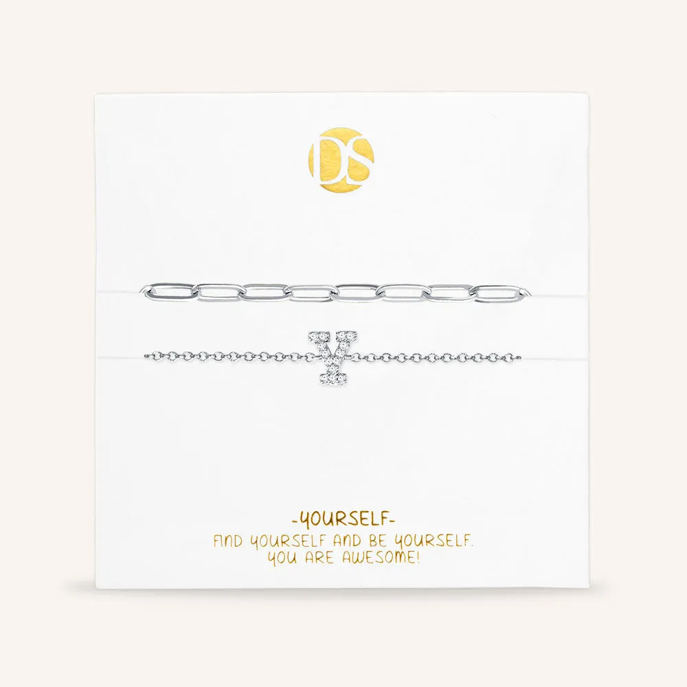"My Own Sparkle" Set of Two Pave Initial & Clip Chain Layering Bracelets