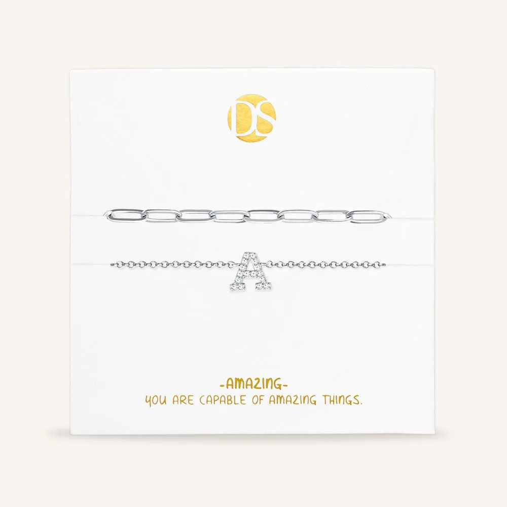 "My Own Sparkle" Set of Two Pave Initial & Clip Chain Layering Bracelets