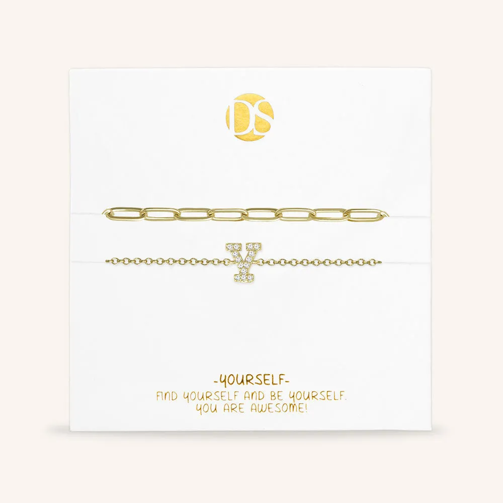 "My Own Sparkle" Set of Two Pave Initial & Clip Chain Layering Bracelets