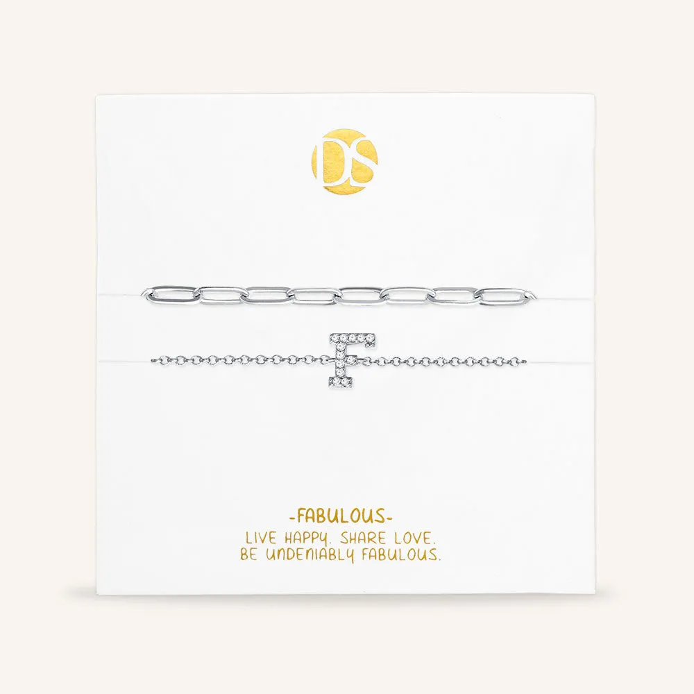 "My Own Sparkle" Set of Two Pave Initial & Clip Chain Layering Bracelets