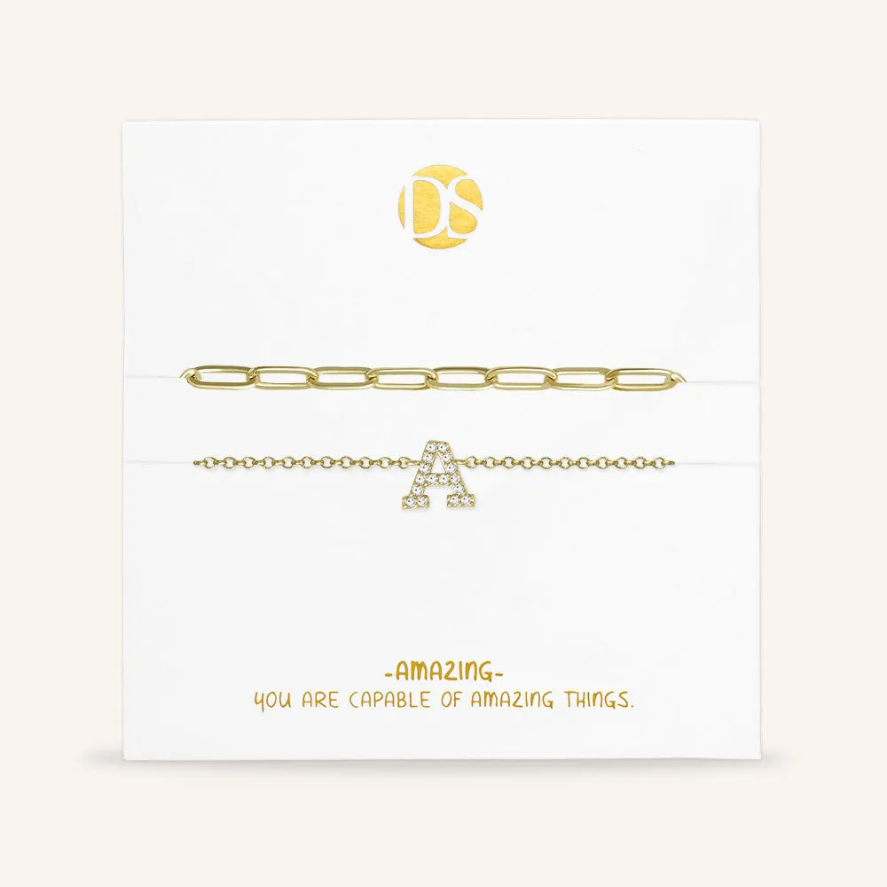 "My Own Sparkle" Set of Two Pave Initial & Clip Chain Layering Bracelets