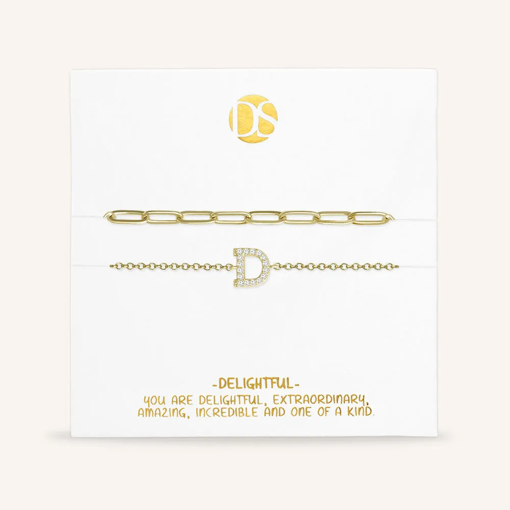 "My Own Sparkle" Set of Two Pave Initial & Clip Chain Layering Bracelets