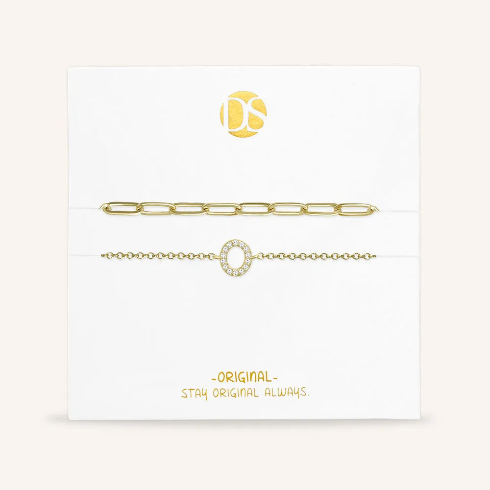 "My Own Sparkle" Set of Two Pave Initial & Clip Chain Layering Bracelets
