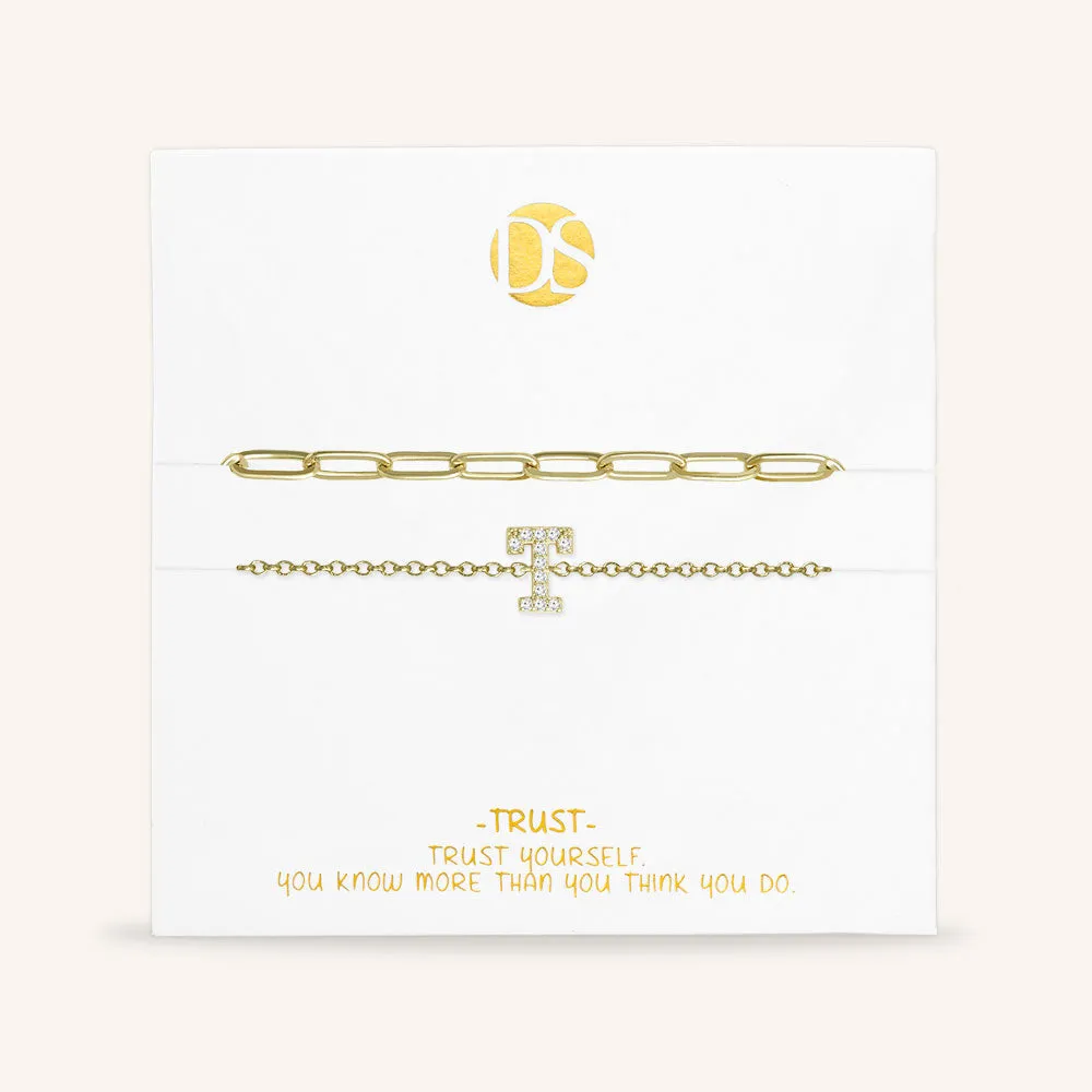 "My Own Sparkle" Set of Two Pave Initial & Clip Chain Layering Bracelets