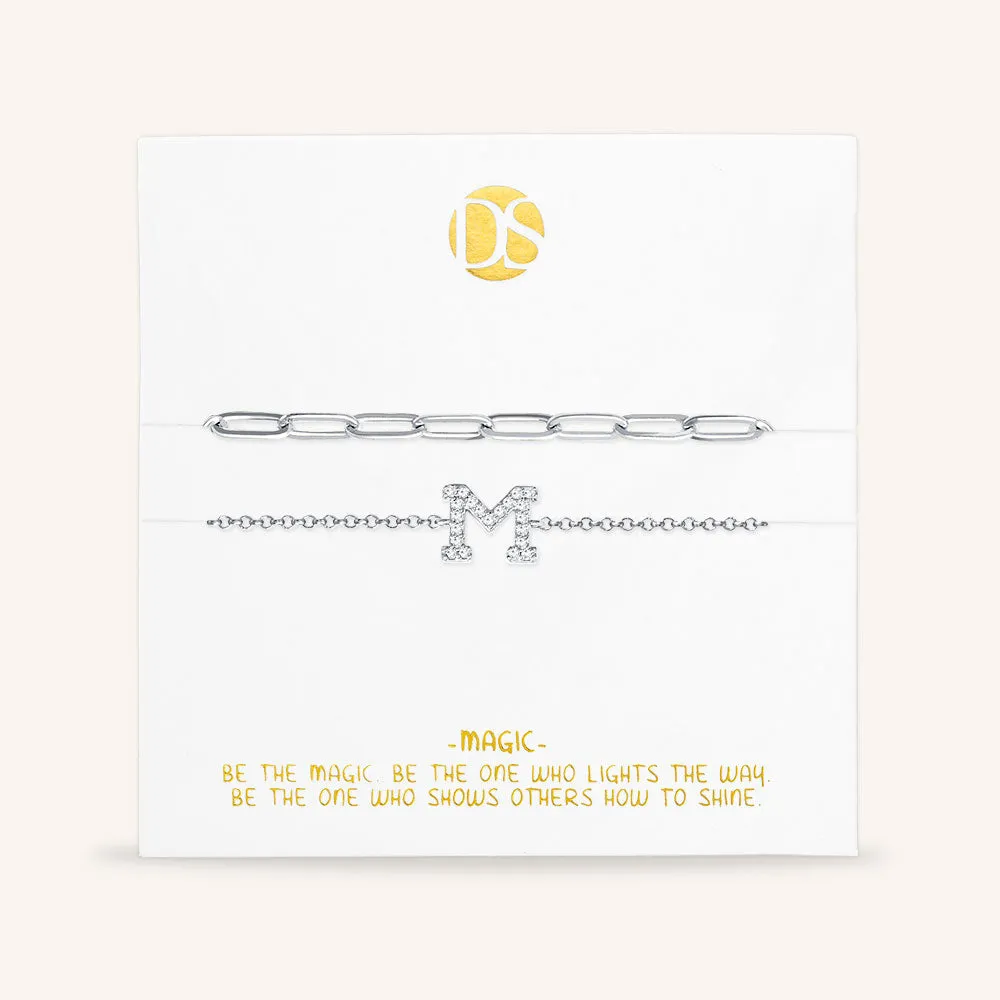 "My Own Sparkle" Set of Two Pave Initial & Clip Chain Layering Bracelets