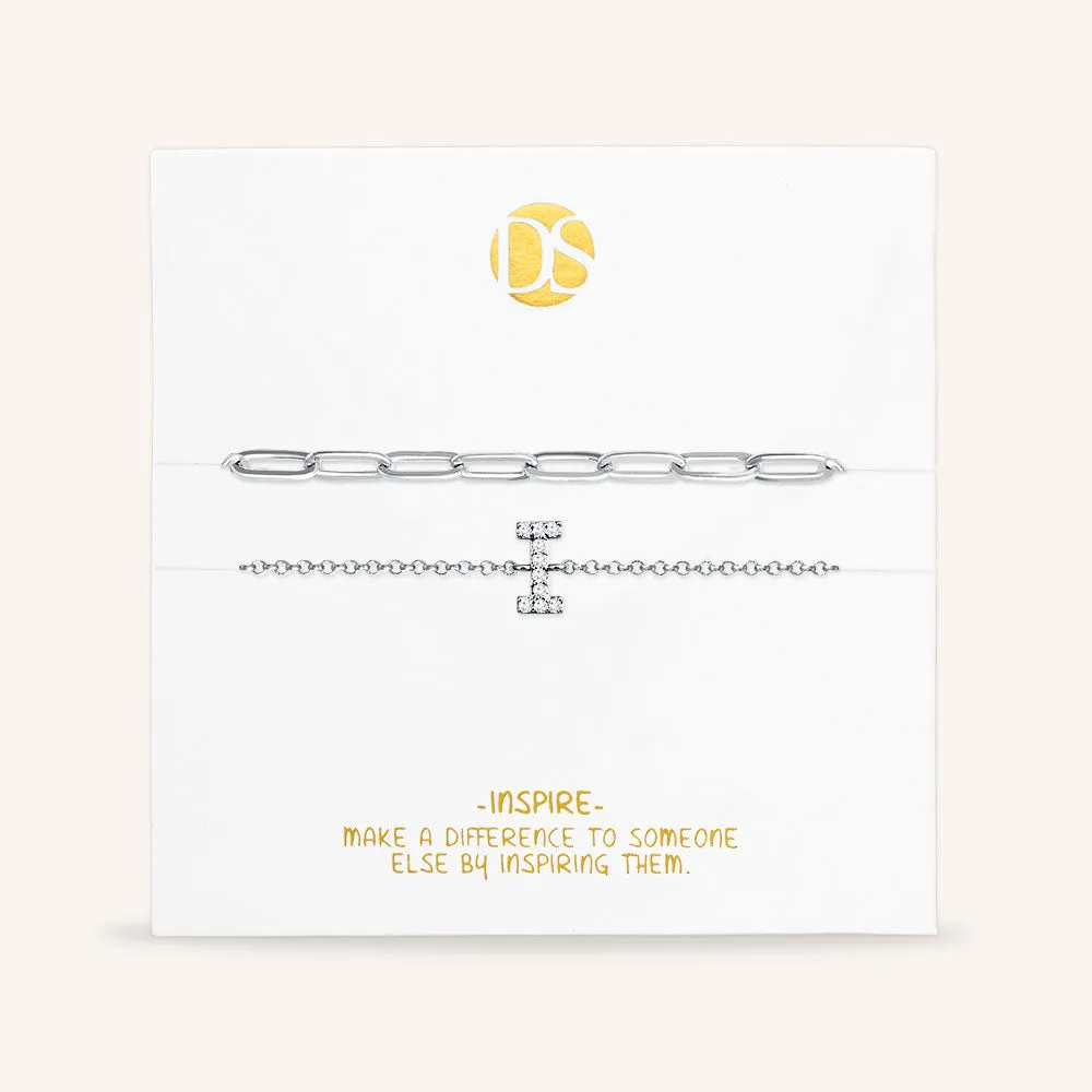 "My Own Sparkle" Set of Two Pave Initial & Clip Chain Layering Bracelets
