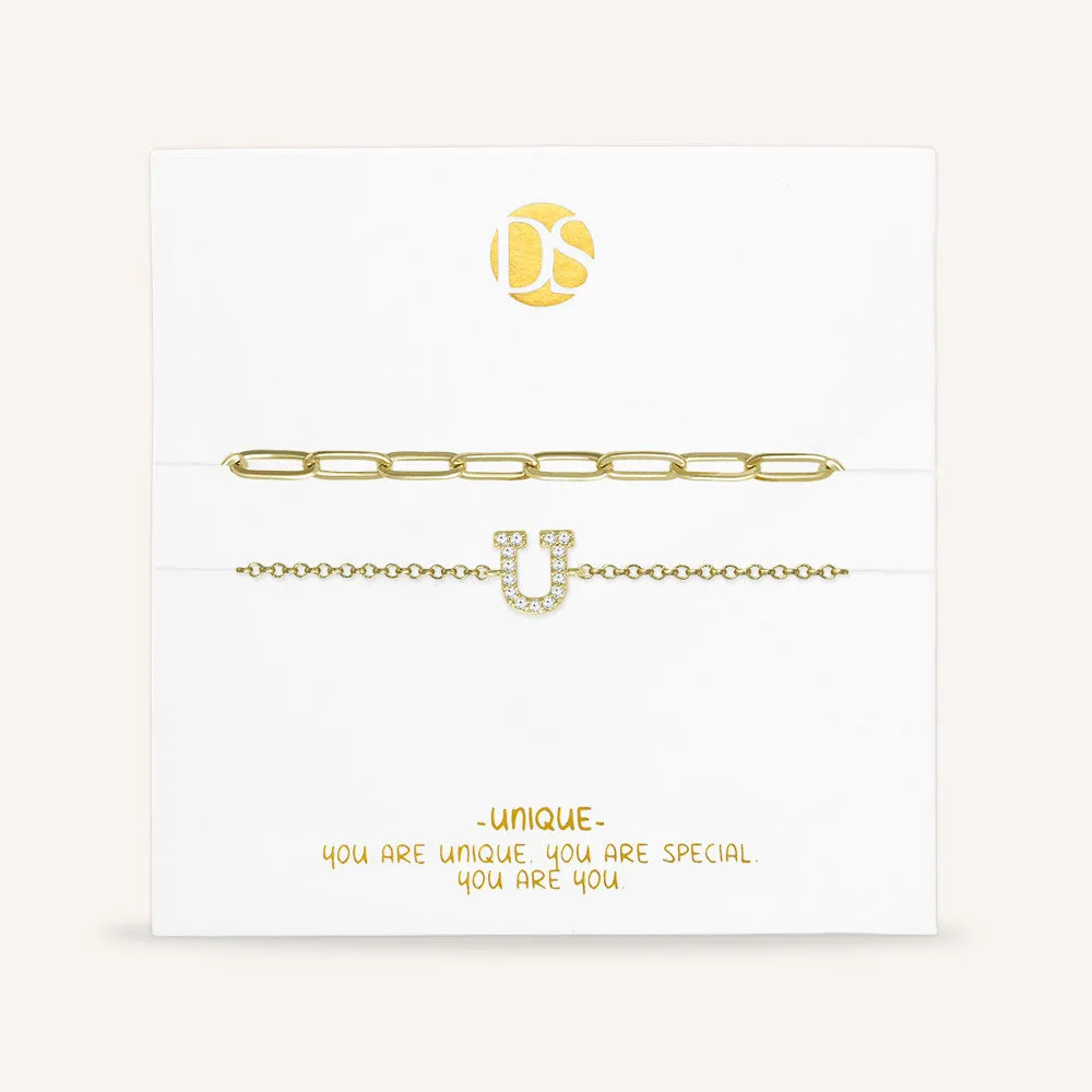 "My Own Sparkle" Set of Two Pave Initial & Clip Chain Layering Bracelets