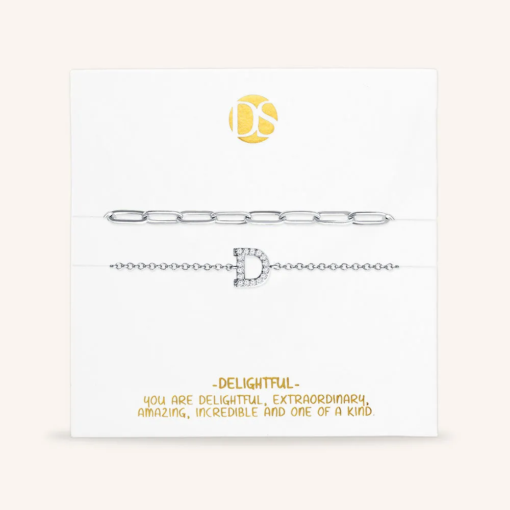 "My Own Sparkle" Set of Two Pave Initial & Clip Chain Layering Bracelets